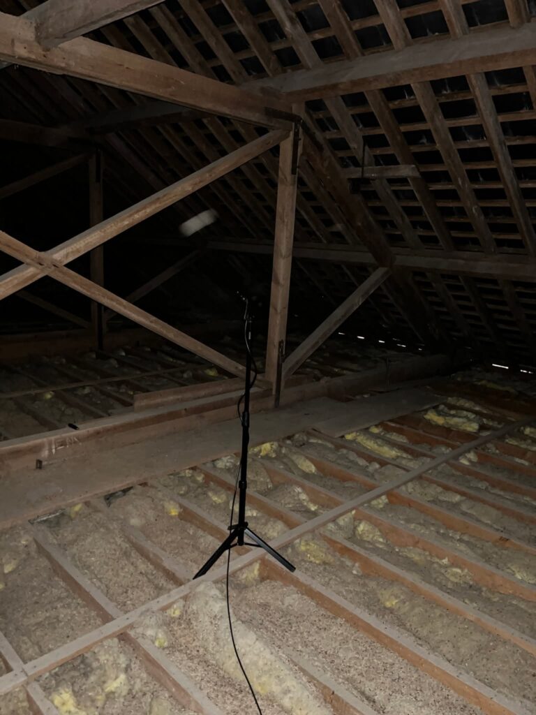 Microphone stand in an attic with wooden beams.