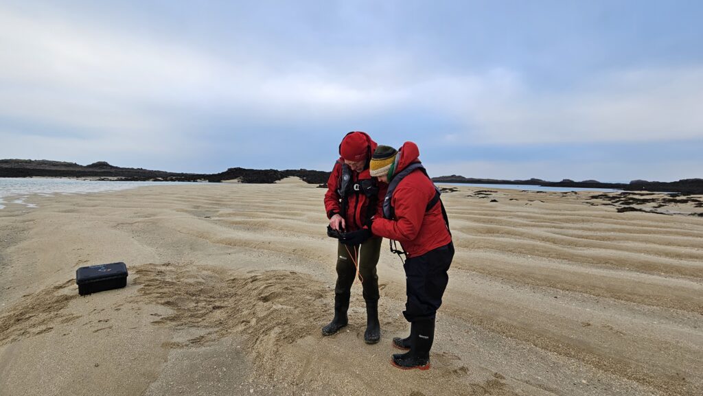 Two people using GPS device on sandy beach