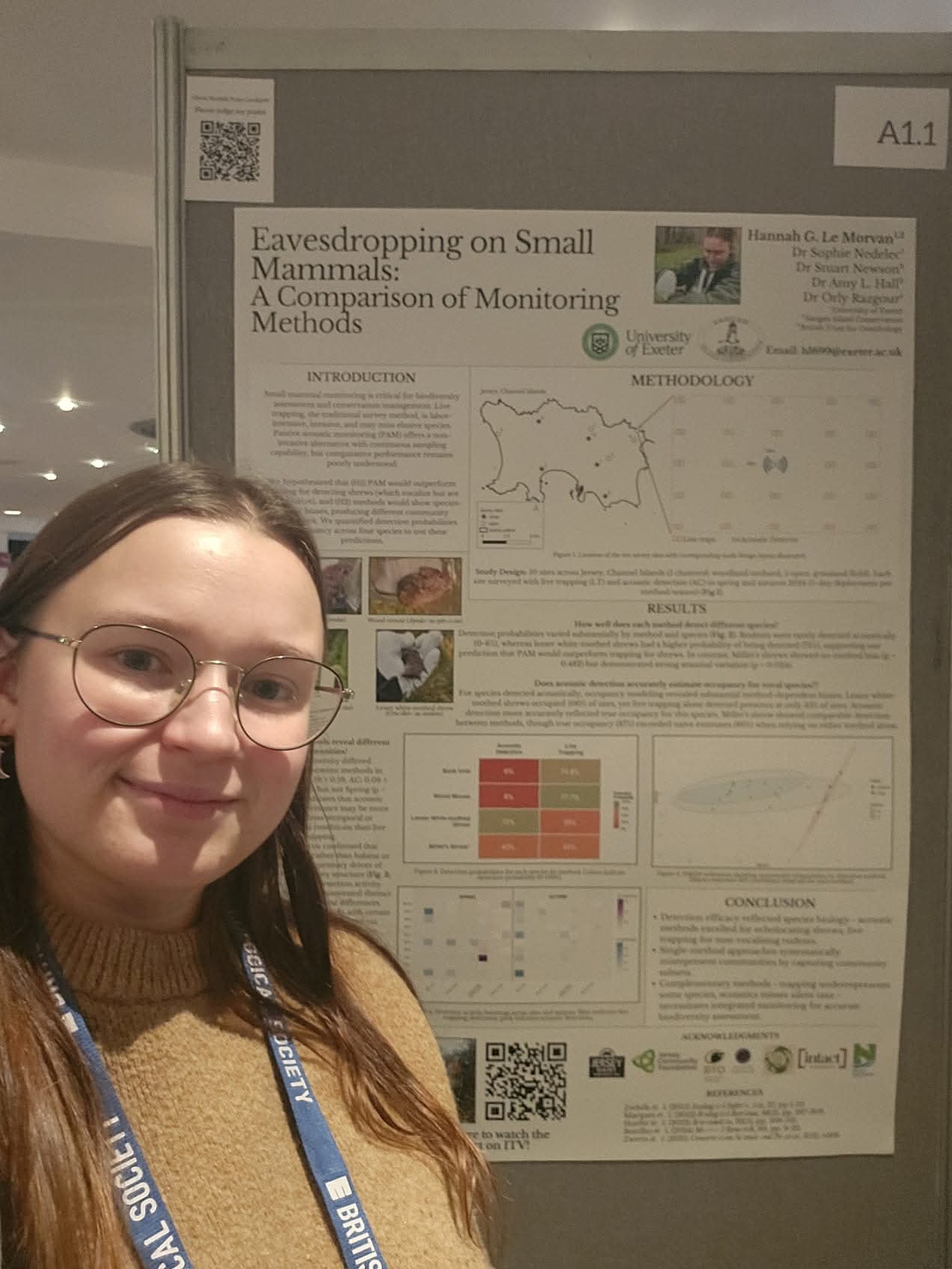 Researcher presenting poster on small mammal monitoring methods.