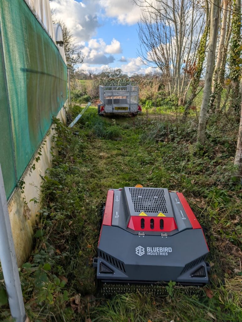 Robotic lawn mower in a garden pathway.