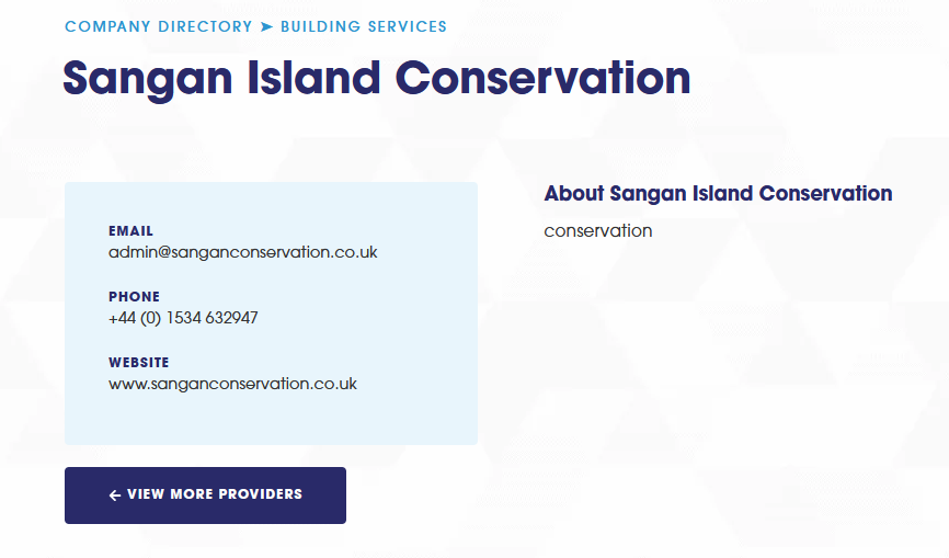 Sangan Island Conservation contact info and services overview.